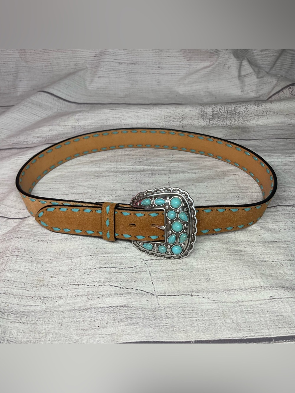 Angel Ranch Women’s Medium Tan Rough out Turquoise Stone Accents Belt